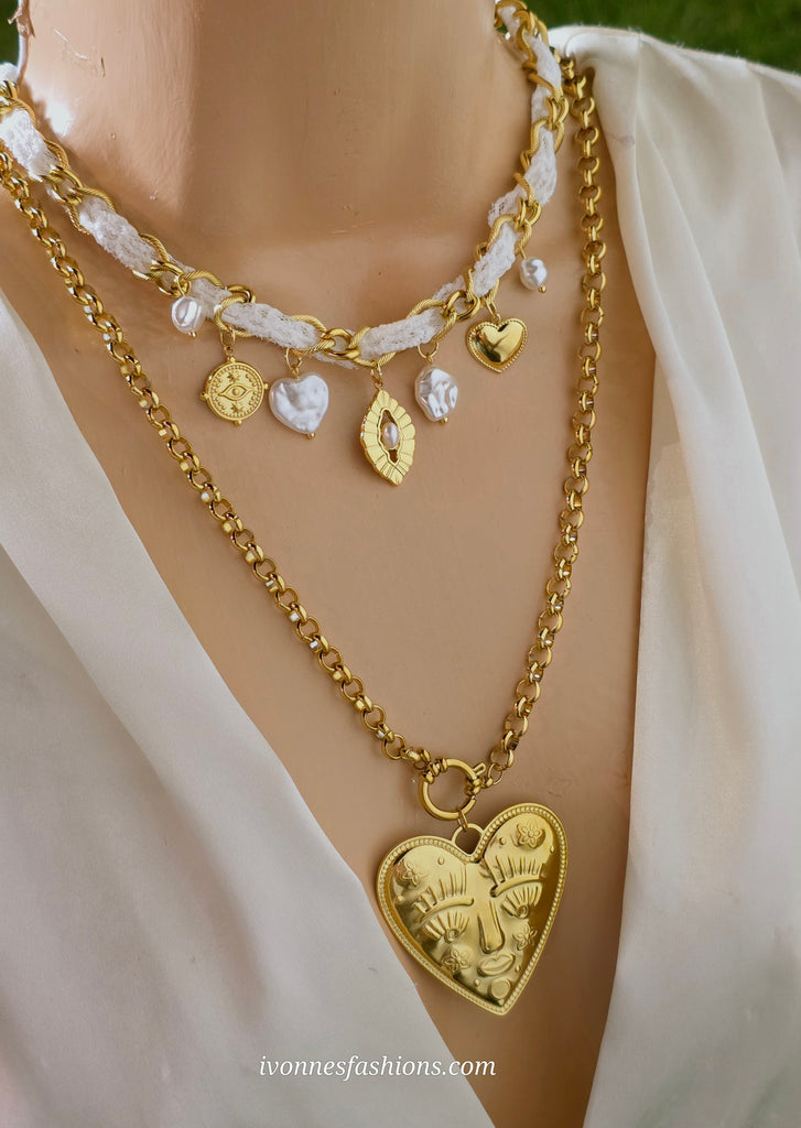 Stainless steel big heart and charms necklaces