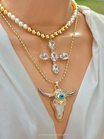 18k gold plated skull cow and cross necklaces