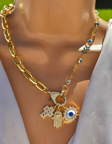 18k gold plated dangling evil eye, cross, hand  necklace