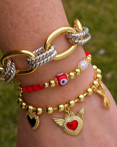 18k gold plated evil eye, hearts and chain bracelets