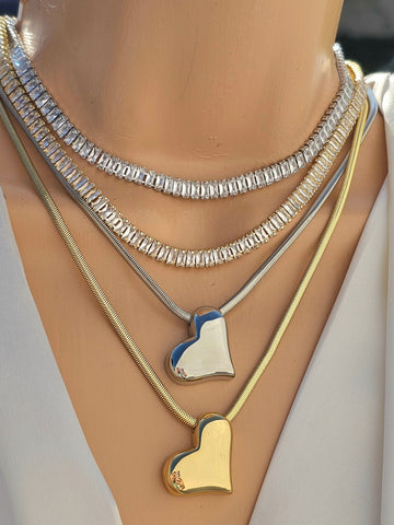18k gold plated heart and baguette zirconias  necklaces