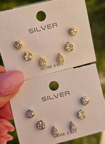 .925 Sterling silver CZ 3 pairs set earrings