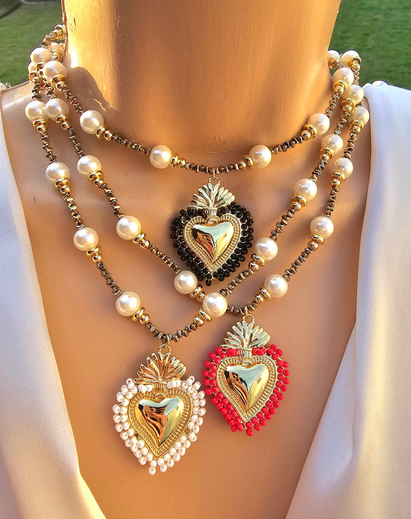 18k gold plated and pearls sacred heart necklaces