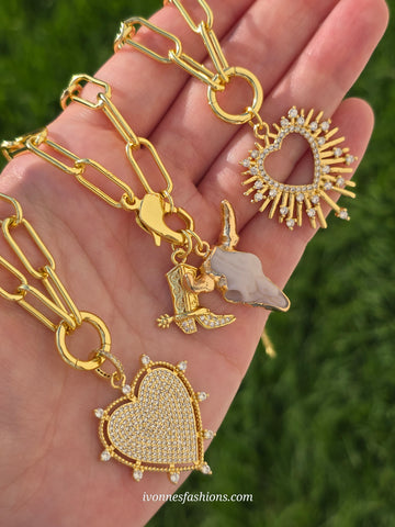 18k gold plated heart and western CZ paperclip chain necklaces
