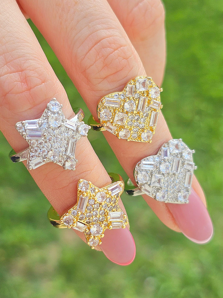 18k gold plated CZ heart and star rings