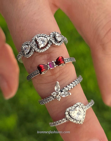 .925 sterling silver CZ hearts, bow and butterfly rings