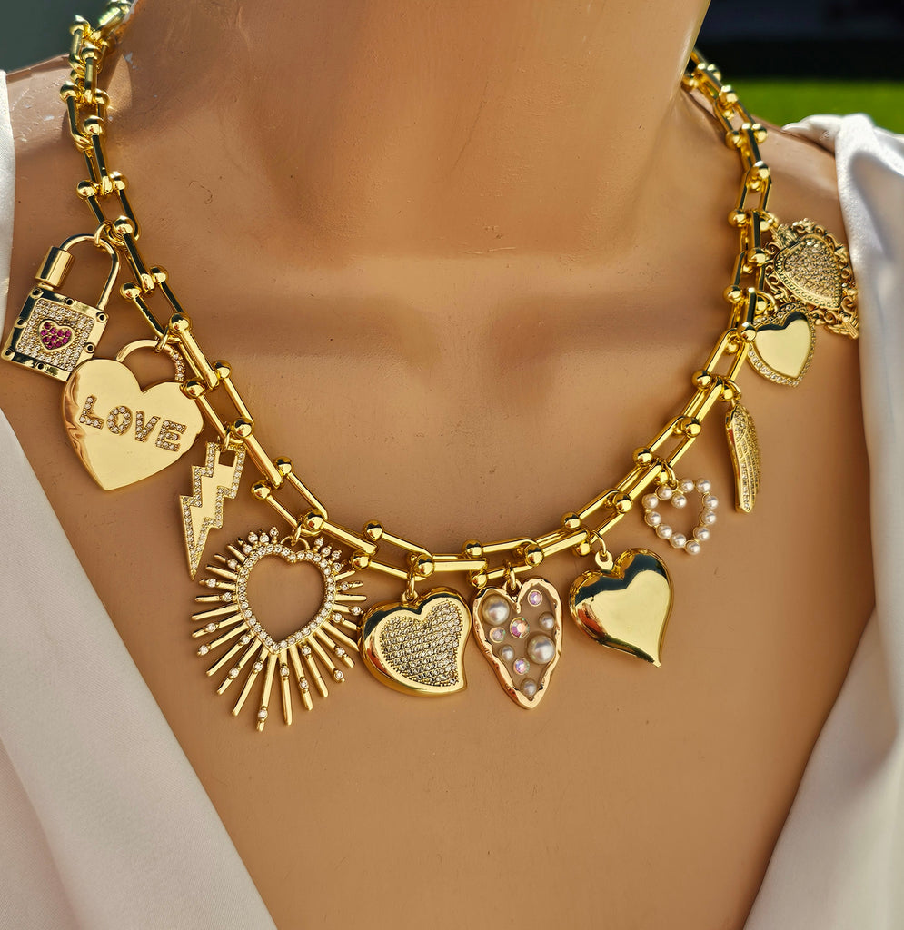 18k gold plated and zirconias dangling hearts necklace