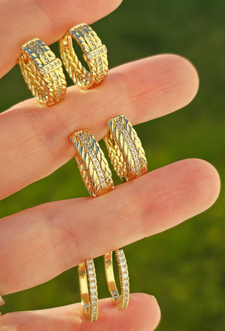 18k gold plated braided and cz hoop earrings