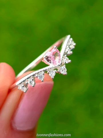.925 sterling silver pink heart crown CZ ring (size 9)