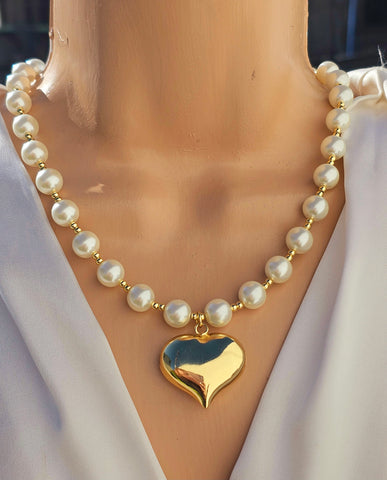 18k gold plated pearls hearts necklace
