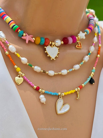 18k gold plated multicolor seed beads hearts and pearls necklaces