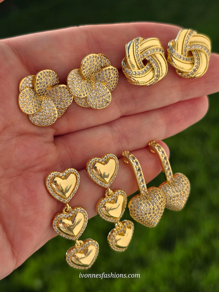 18k gold plated hearts, flower and knot earrings
