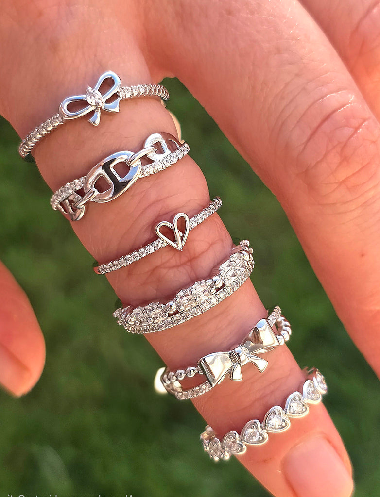 18k gold plated heart, chain, bow and CZ rings