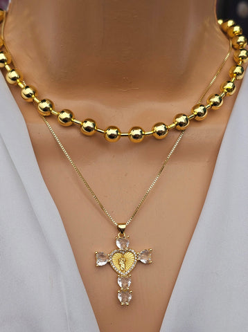 18k gold plated balls and cross necklace