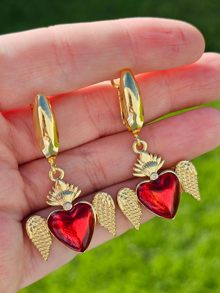 18k gold plated dangling heart with wings hoop earrings