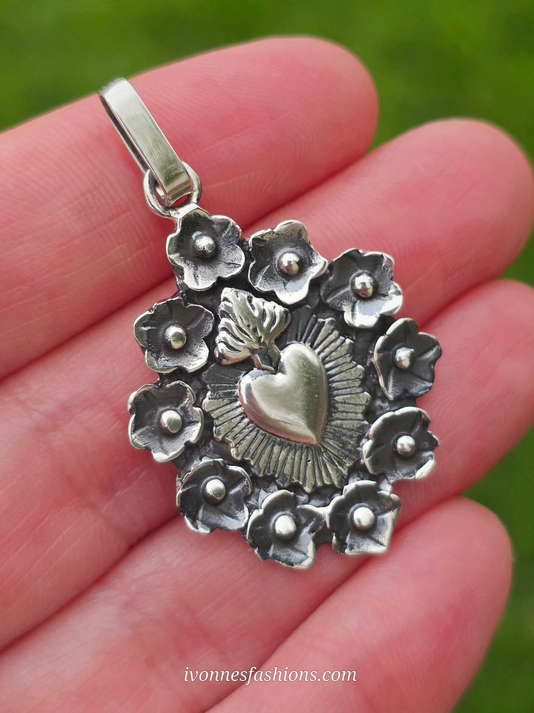 .925 Sterling silver sacred heart handmade pendant