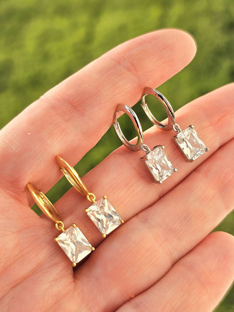 925 Sterling silver dangling rectangular CZ hoop earrings