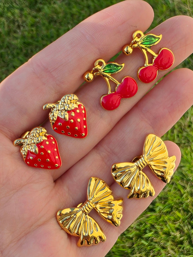 Stainless steel cherry, strawberry and bow earrings