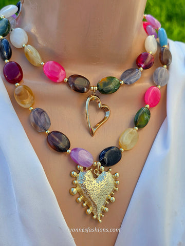 18k gold plated acrylic stones and heart pendant necklaces