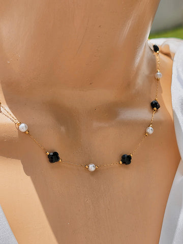 Stainless steel black crystals and  pearls necklace