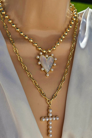 18k gold plated and pearls cross and heart necklaces