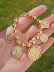 18k gold plated religious dangling charms bracelet