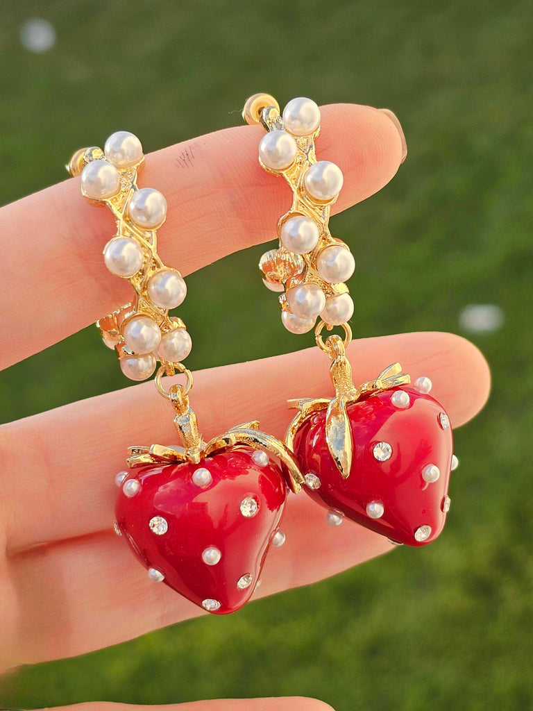 18k gold plated dangling strawberry hoop earrings