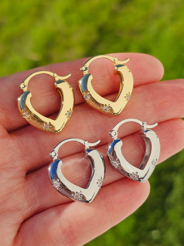 18k gold plated CZ heart hoop earrings