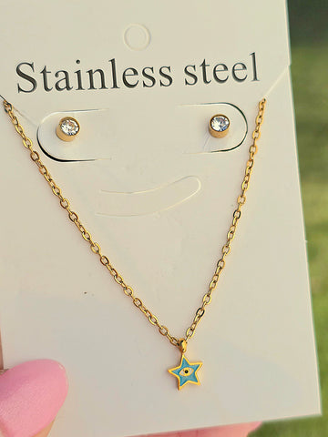 Stainless steel evil eye necklace and earrings set