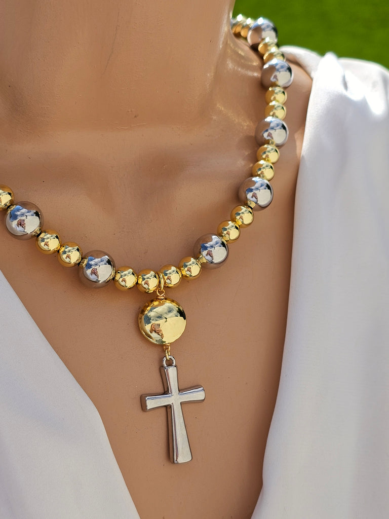 18k gold plated cross and bear necklace