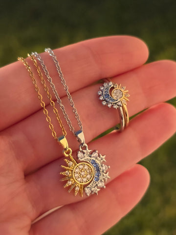 18k gold plated moon and sun double necklace and ring set