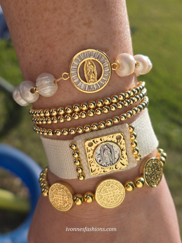 18k gold plated lady of Guadalupe, San Benito and balls bracelets