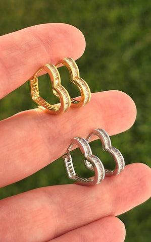 .925 Sterling silver heart baguette CZ hoop earrings