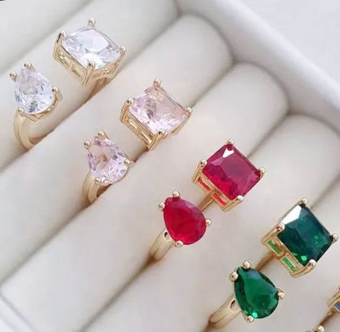 18k real gold plated square - tear drop crystal rings
