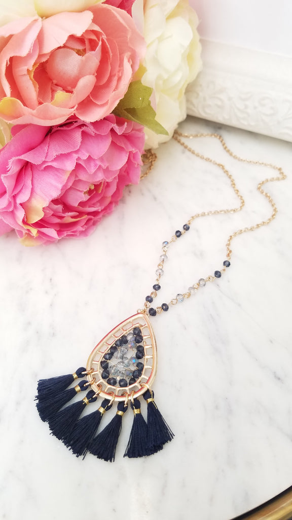 Fashion golden drop blue tassel pendant necklace
