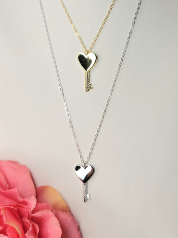 .925 Sterling silver and CZ heart key necklace