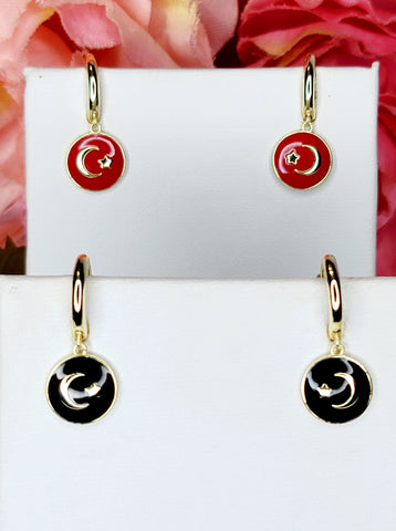 .925 Sterling silver enamel moon and star hoop earrings