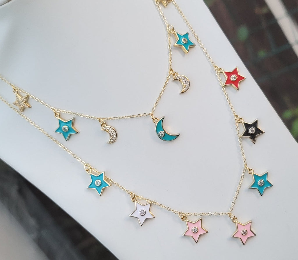 18k real gold plated color enamel stars and moon necklace