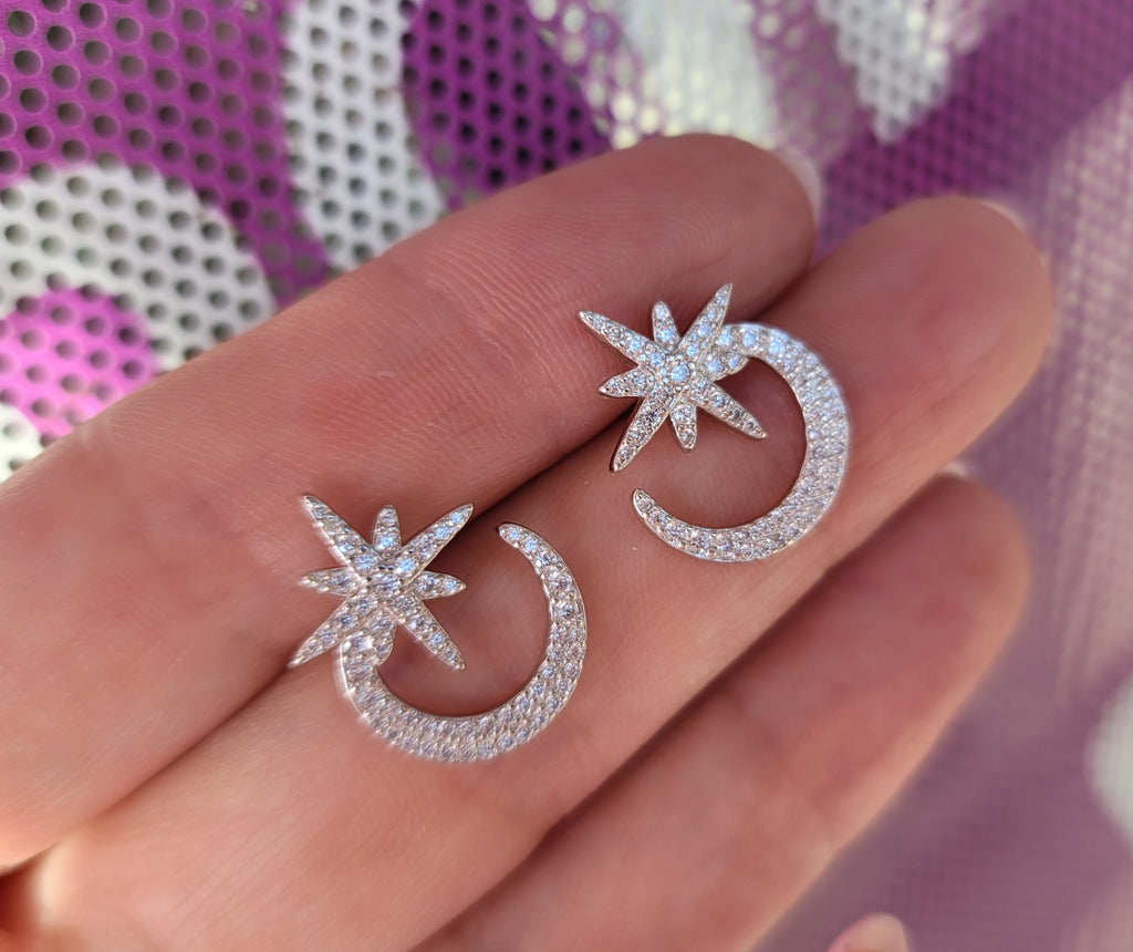 .925 Sterling silver and CZ  moon and star earrings