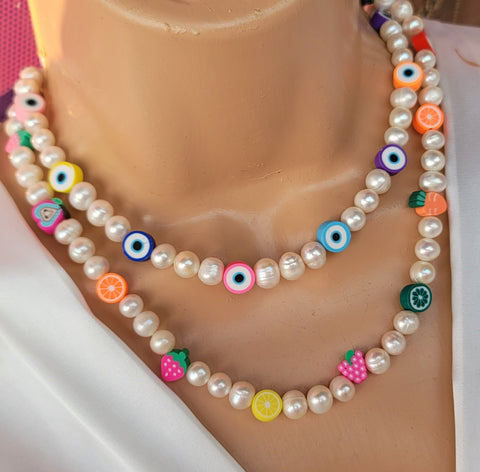 18k gold plated and freshwater pearls evil eye / fruits necklace