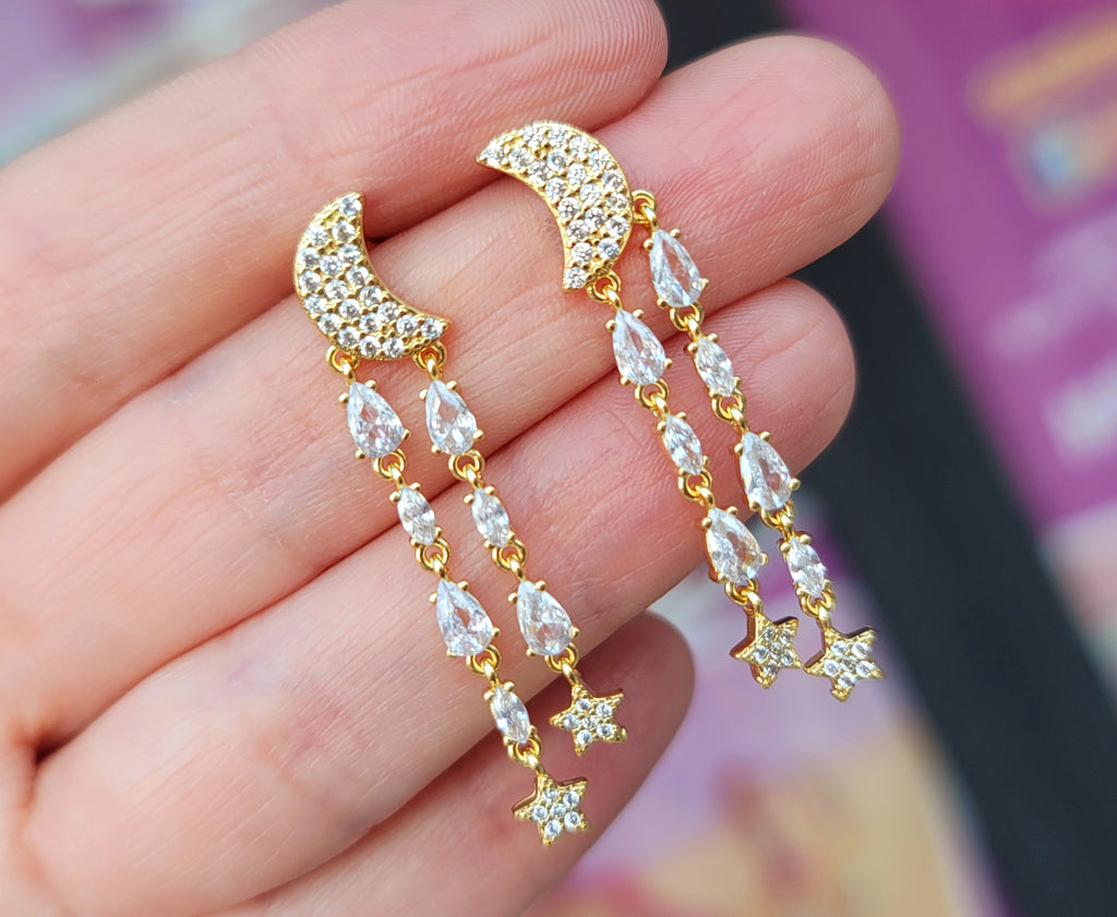 18k gold plated and CZ moon earrings