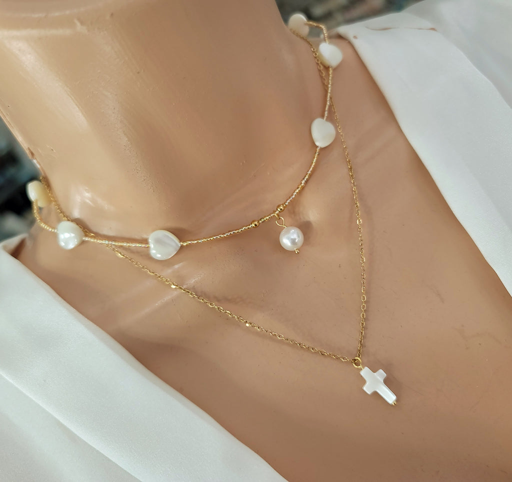 Stainless Stain Cross Pearl Necklace Set