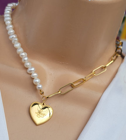 Stainless steel heart and Pearls necklace set