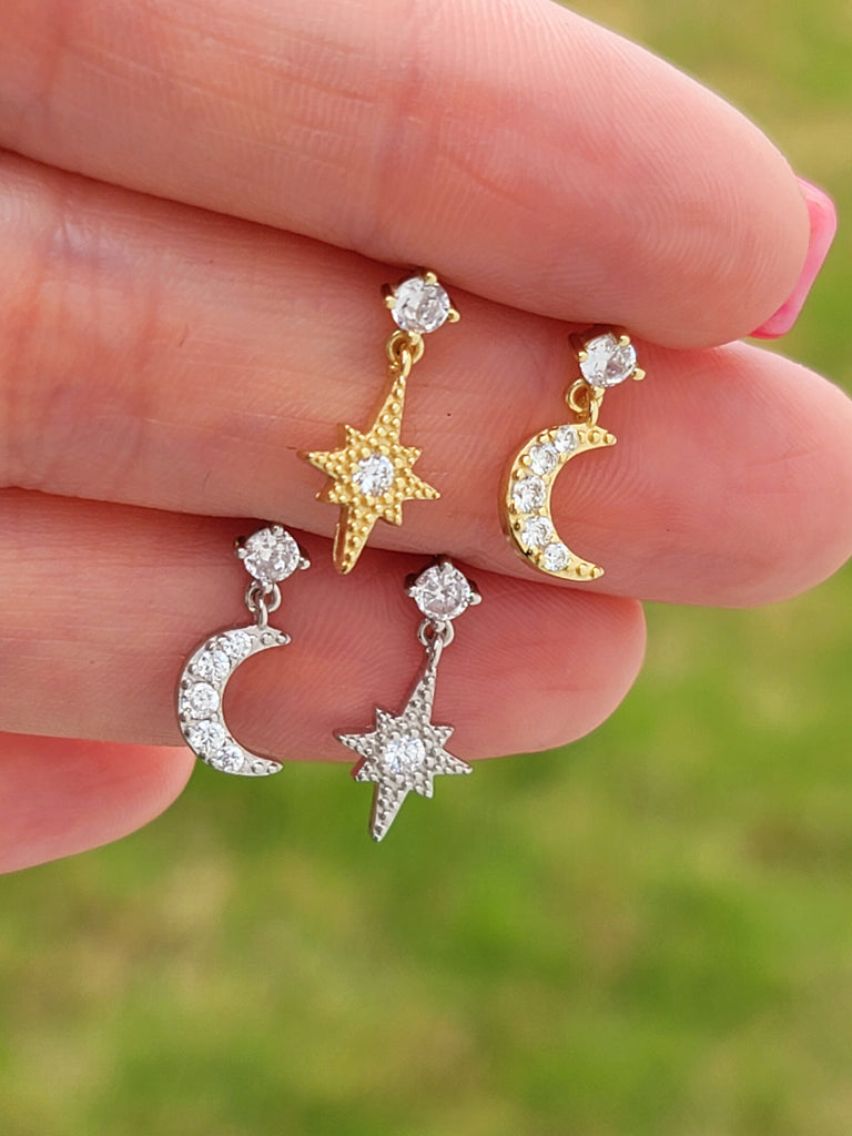.925 Sterling silver and CZ moon and star earrings