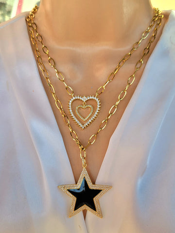 Stainless steel cz black star and heart necklaces