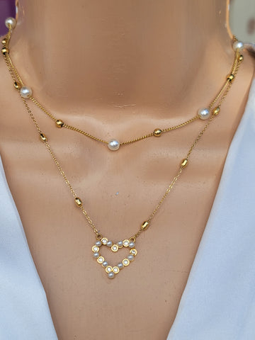 Stainless steel pearl and heart necklace set