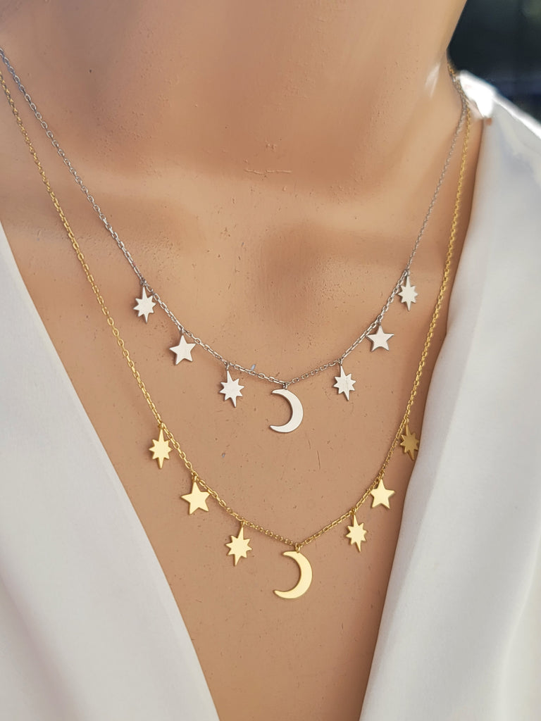 .925 Sterling Silver moon and star necklace