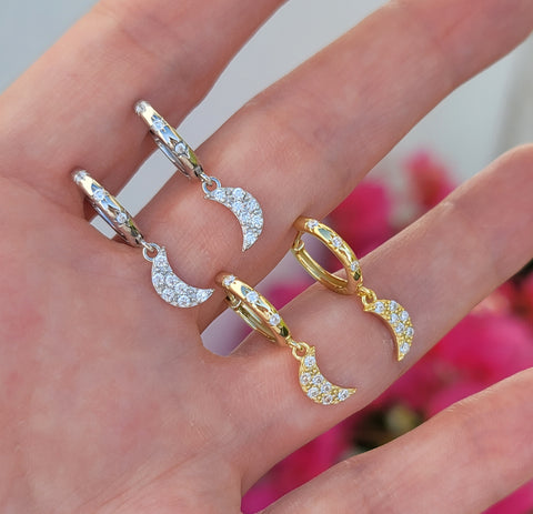 .925 sterling silver cz moon hoop earrings