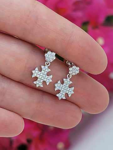 .925 sterling silver cz dangling cross earrings