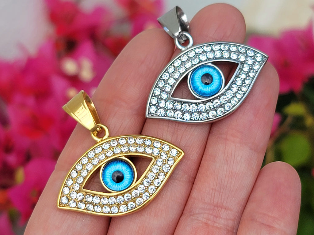 Stainless steel and cz evil eye pendants